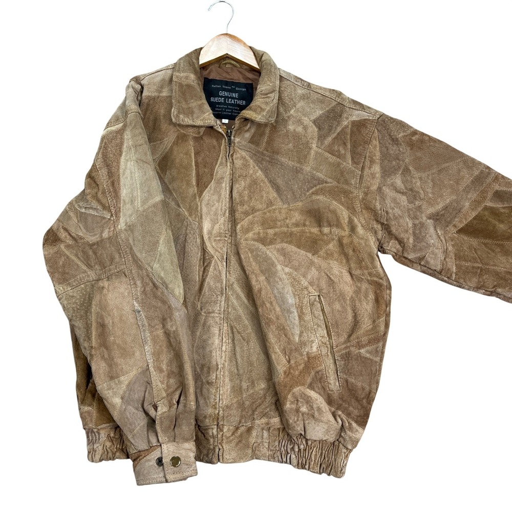 Italian Stone Navarre Leather Company Bomber Jacket Men L Brown Patchwork Suede